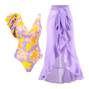 NWT Womens LG Swimsuit Retro OneShoulder with chiffon sarong cover up